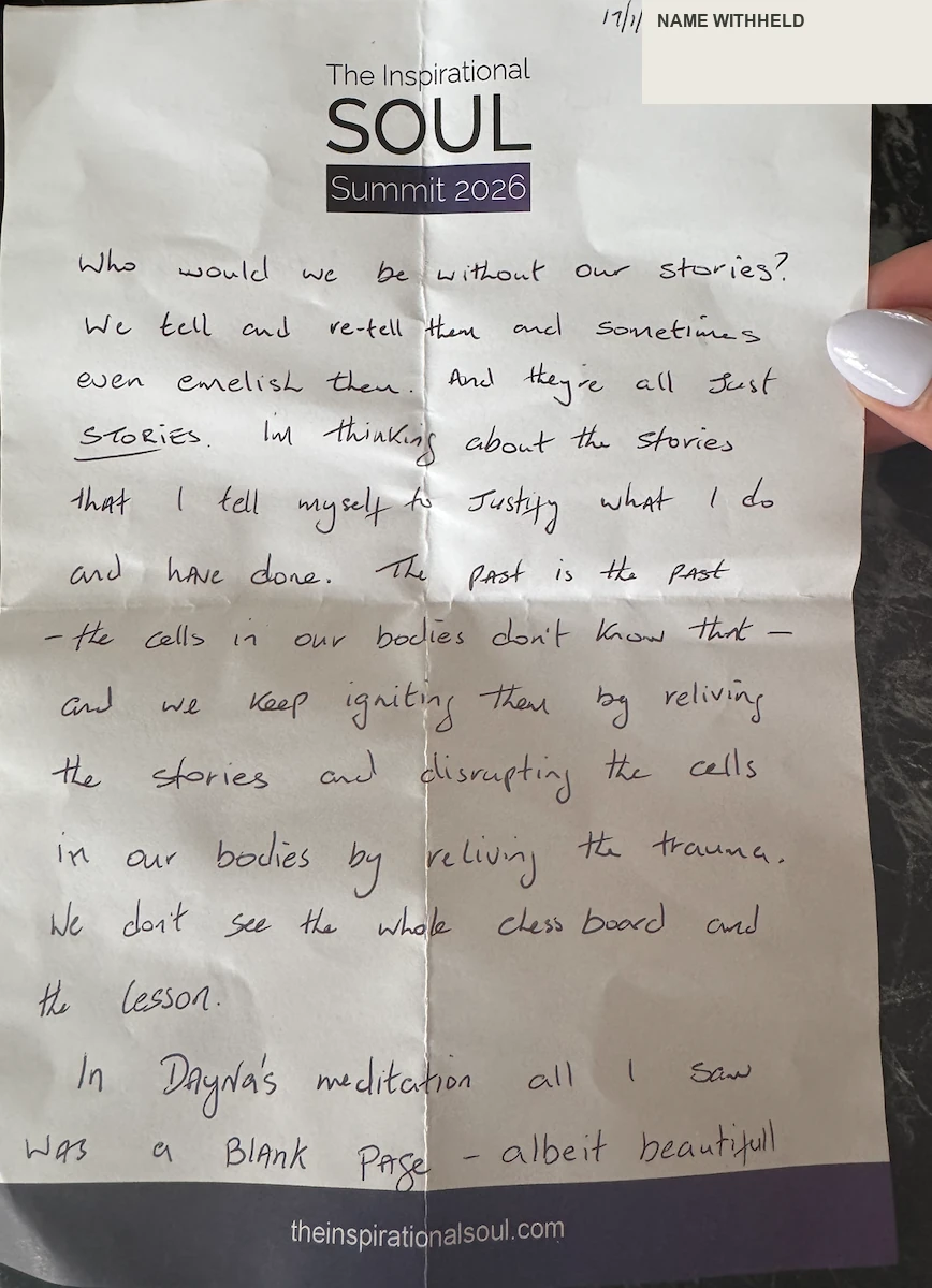 Privacy-treated handwritten note from an Inspirational Soul Summit attendee 1