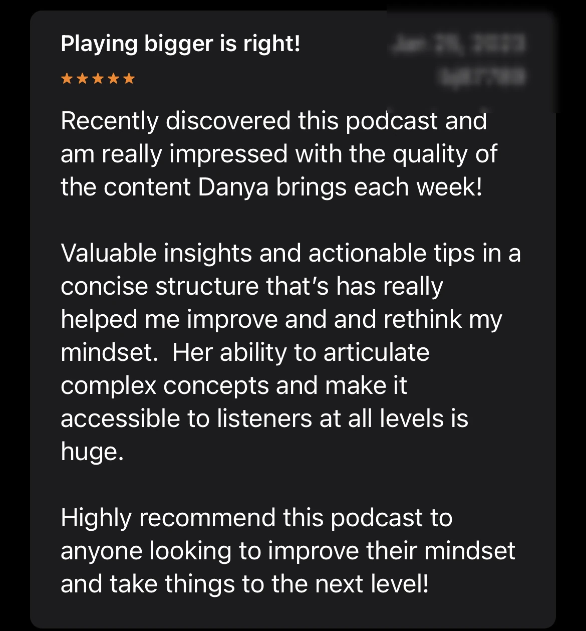 Podcast and conversation proof. Private client message; identifying details withheld.