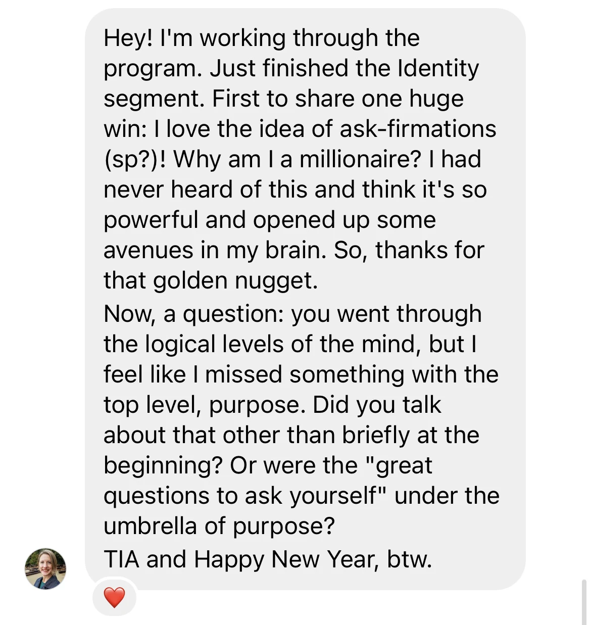 Embodiment and mindset proof. Private client message; identifying details withheld.