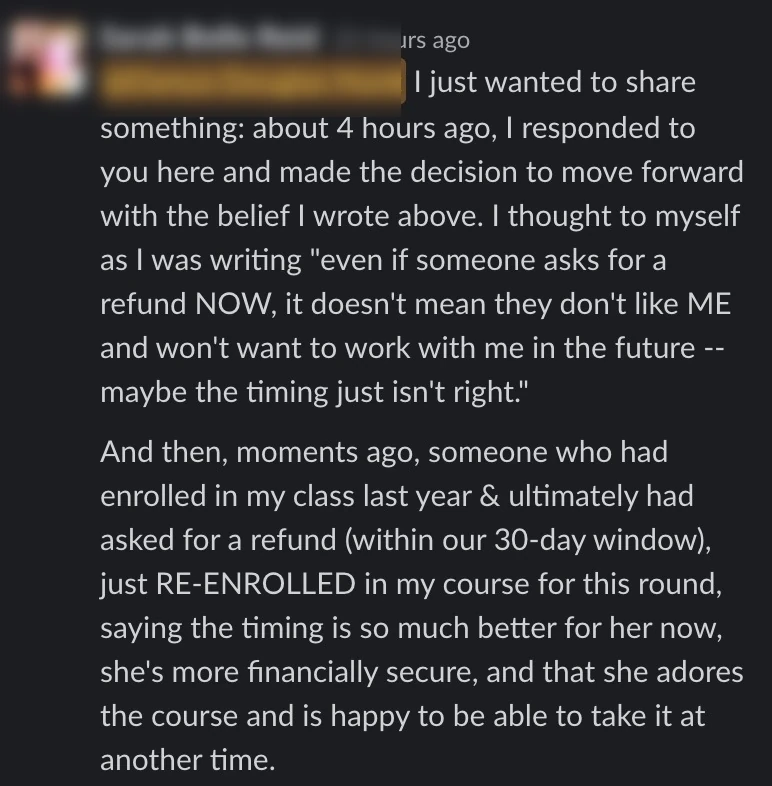 Embodiment and mindset proof. Private client message; identifying details withheld.