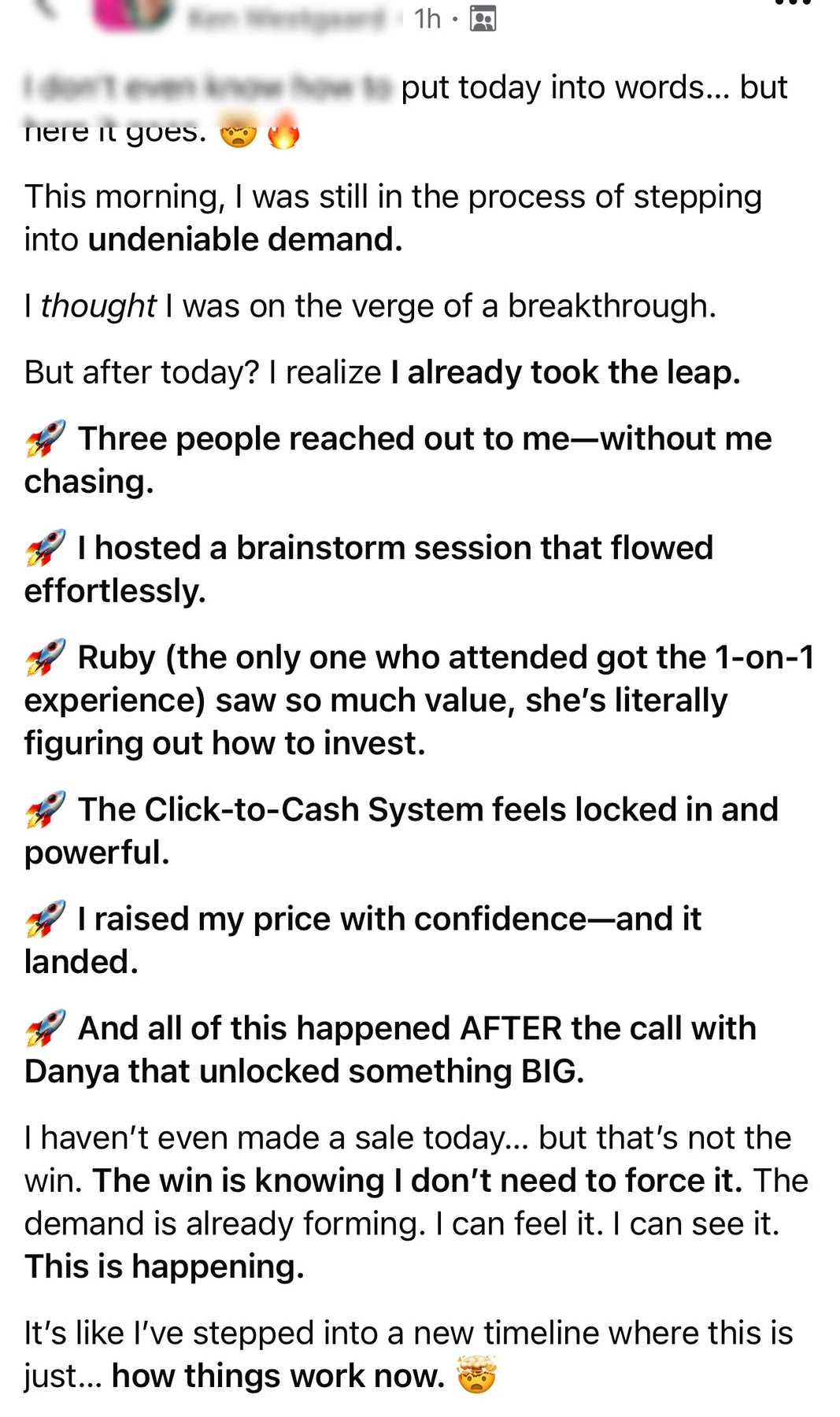 Embodiment and mindset proof. Private client message; identifying details withheld.